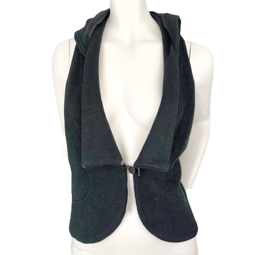 Aryn K Black Vest Removable Hood Racer Back Dark Academia Quiet Luxury Moto L